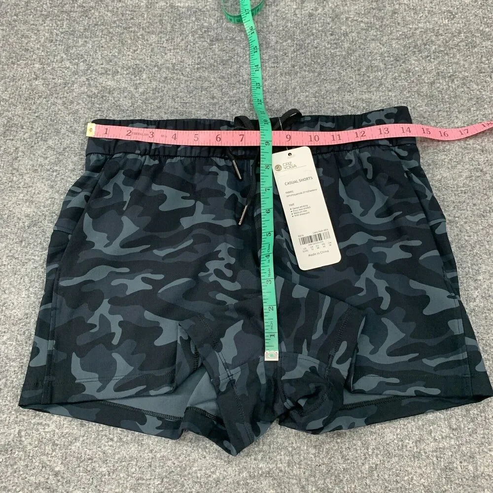 CRZ Yoga Short Womens S Small Black Camo Mid Rise Drawcord Wicking Pockets